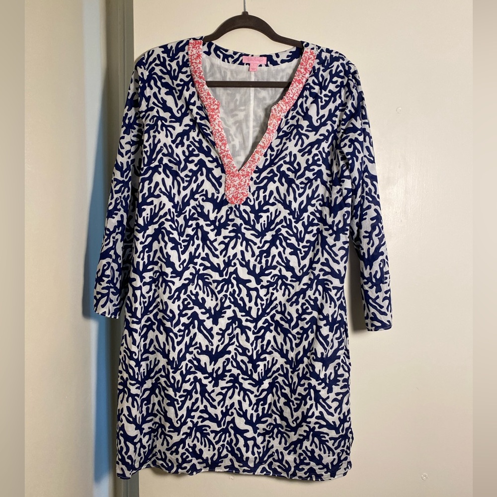 Lilly Pulitzer navy coral print dress with beading
